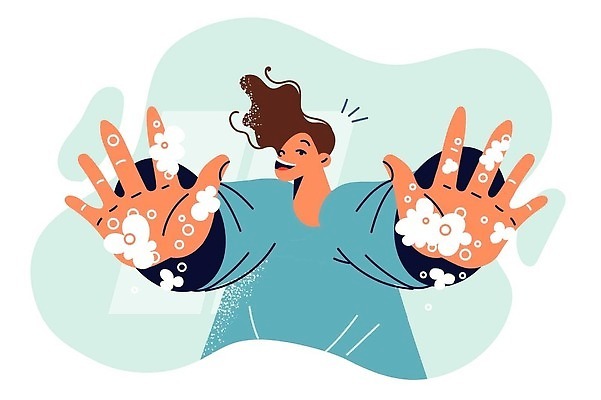 EPS 해외이미지 여자 일러스트 한명 상반신 성인 건강관리 깨끗함 청결 손씻기 비누거품 손뻗기 성인여자한명만 해외202310 해외일러스트 1 컨셉 모션 건강 관리 사람 거품 위생 씻기 여자한명만 성인여자만 파일형식 벡터