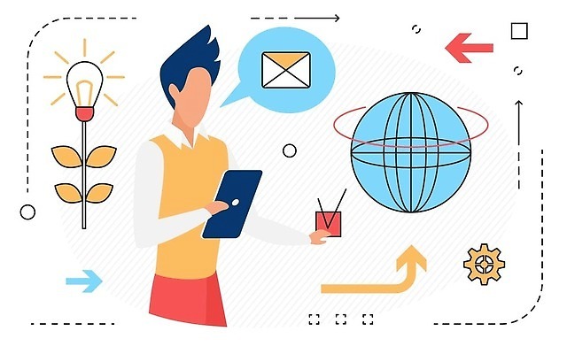 EPS 해외이미지 남자 화살표 점선 잎 인터넷 일러스트 비즈니스 전구 한명 들기 상반신 성인 태블릿 글로벌 터치 이메일 톱니바퀴 성인남자한명만 해외202310 해외일러스트 식물 1 선 모션 사람 전자제품 스마트기기 남자한명만 성인남자만 파일형식 벡터