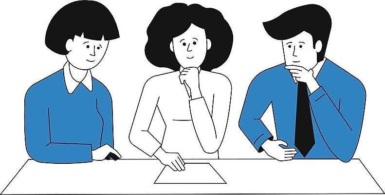 EPS 해외이미지 무료이미지 응시 여자 남자 생각 일러스트 비즈니스 탁자 앉기 성인 턱괴기 비즈니스맨 비즈니스우먼 고민 문서 성인만 해외202310 해외일러스트 시선 감정 가구 모션 사람 직장인 파일형식 벡터 무료콘텐츠