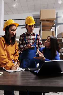 포토 JPG 해외이미지 여자 남자 탁자 노동자 실내 동양인 상반신 성인 앞모습 세명 노트북 기록 작업 안전모 물류창고 체크리스트 성인만 해외202310 해외포토 직업 뷰포인트 가구 사람 인종 내부 전자제품 헬멧 안전장비 창고 파일형식