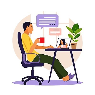 EPS 해외이미지 무료이미지 여자 남자 말풍선 인터넷 일러스트 비즈니스 회의 대화 들기 성인 컴퓨터 손들기 모니터 머그컵 업무 비즈니스맨 온라인 화상통화 성인만 해외202310 해외일러스트 모션 말하기 사람 컵 전자제품 작업 직장인 통화 파일형식 벡터