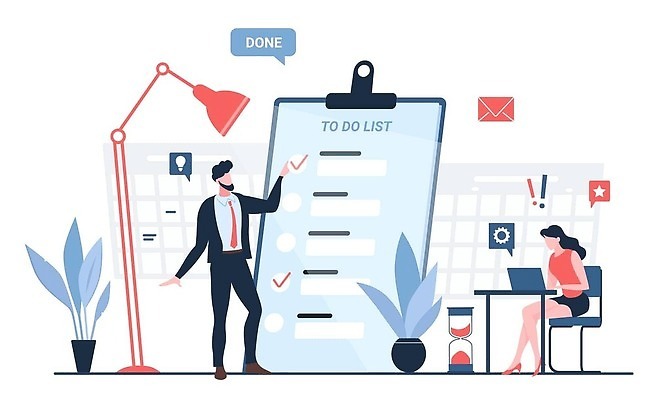 EPS 해외이미지 전신 여자 남자 의자 일러스트 앉기 성인 두명 노트북 가리킴 타이핑 업무 비즈니스맨 비즈니스우먼 성인만 투두리스트 해외202310 해외일러스트 가구 비즈니스 모션 사람 손짓 전자제품 작업 직장인 리스트 파일형식 벡터