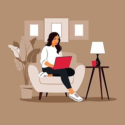 EPS 해외이미지 무료이미지 여자 화분 액자 의자 일러스트 탁자 한명 앉기 성인 노트북 스탠드 성인여자한명만 해외202310 해외일러스트 1 가구 모션 조명 사람 전자제품 여자한명만 성인여자만 파일형식 벡터