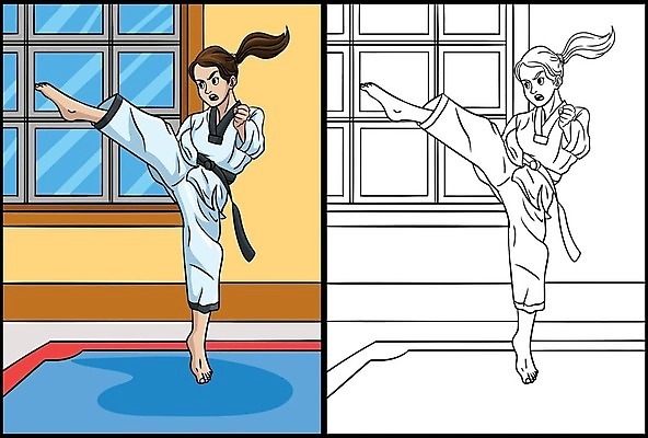 EPS 해외이미지 전신 무료이미지 여자 일러스트 성인 두명 킥 태권도 태권도복 태권도선수 색칠공부 성인여자만 해외202310 해외일러스트 모션 운동선수 도복 사람 학습 격투기 색칠 여자만 성인만 파일형식 벡터 무료콘텐츠