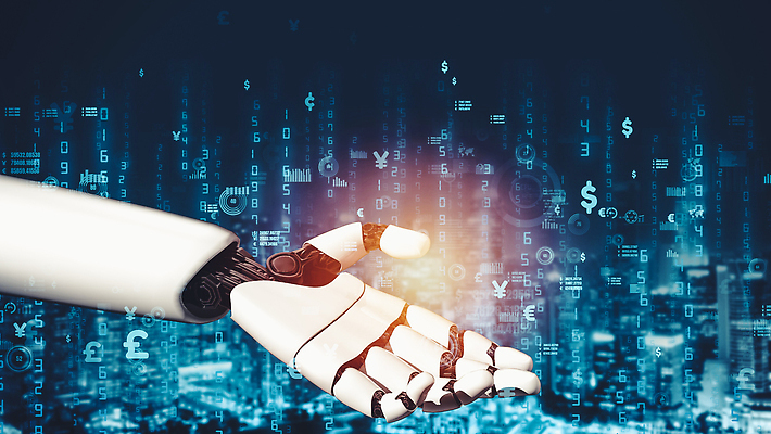 JPG 해외이미지 손 일러스트 미래 기술 신체부위 파란색 빛 숫자 3D 디지털 도시 네트워크 로봇 보케 해외202310 해외포토 포토 문자 컬러 컨셉 사람 디지털합성 파일형식