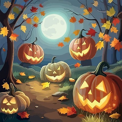 EPS 해외이미지 길 낙엽 일러스트 호박 단풍나무 사람없음 판타지 할로윈 보름달 야간 잭오랜턴 해외202310 해외일러스트 자연요소 나무 단풍 잎 채소 상상 달 파일형식 벡터