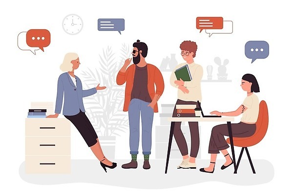 EPS 해외이미지 전신 여자 남자 말풍선 의자 일러스트 회의 협력 들기 앉기 여러명 성인 책 노트북 타이핑 업무 비즈니스맨 비즈니스우먼 성인만 해외202310 해외일러스트 가구 다수 비즈니스 모션 사람 전자제품 작업 직장인 파일형식 벡터