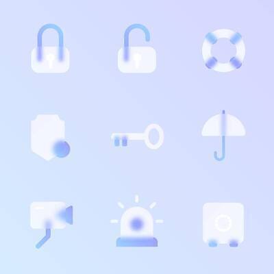 EPS 해외이미지 일러스트 우산 열쇠 자물쇠 안전 사람없음 파란색 원형 보호 튜브 감시카메라 경고등 반투명 블러효과 글래스모피즘 해외202310 해외일러스트 도형 디자인 컬러 컨셉 카메라 블러 파일형식 벡터 효과
