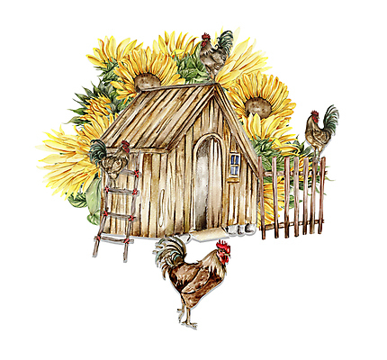 JPG 해외이미지 여러마리 일러스트 사다리 해바라기 사람없음 닭 나무집 나무울타리 해외202310 해외일러스트 꽃 다수 조류 주택 울타리 도구 파일형식