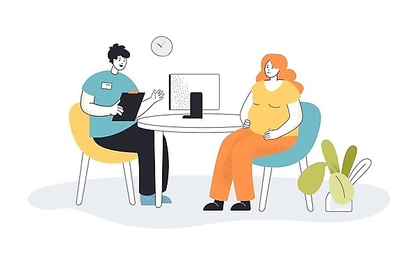 EPS 해외이미지 무료이미지 여자 남자 의자 일러스트 탁자 건강 병원 들기 앉기 성인 모니터 임산부 임신 의사 상담 서류판 성인만 해외202310 해외일러스트 가구 의학 모션 사람 컴퓨터 사무용품 의료진 파일형식 벡터