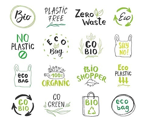 EPS 해외이미지 손글씨 잎 일러스트 캘리그라피 비닐봉투 타이포그라피 사람없음 장식 쇼핑백 재활용 금지 친환경 손그림 페트병 바이오 에코백 노플라스틱 해외202310 해외일러스트 식물 문자 가방 봉투 환경 에코 병_담는 파일형식 벡터 제로웨이스트