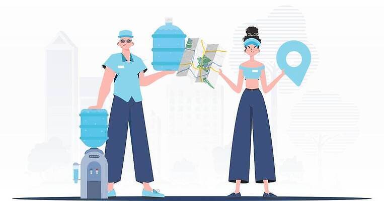 EPS 해외이미지 여자 남자 지도 일러스트 들기 성인 두명 물 파란색 기댐 신선 물통 배송 위치 정수기 성인만 해외202310 해외일러스트 자연요소 컬러 모션 사람 파일형식 벡터