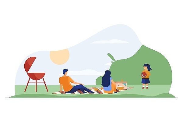 EPS 해외이미지 여자 남자 어린이 일러스트 공 가족 함께함 들기 앉기 성인 세명 소풍 돗자리 해외202310 해외일러스트 컨셉 관계 모션 사람 야외활동 파일형식 벡터