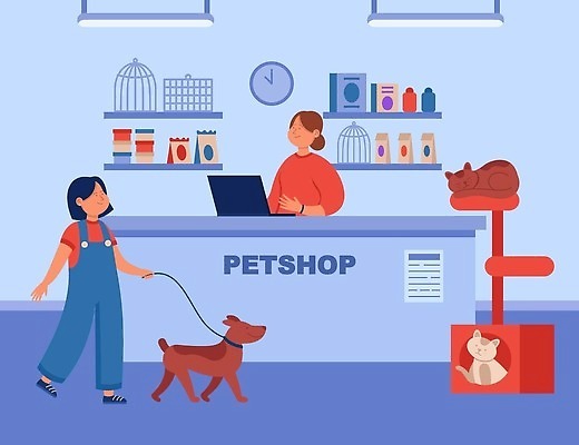 EPS 해외이미지 여자 어린이 일러스트 성인 두명 반려동물 고양이 잡기 강아지 종업원 계산대 직원 애견용품 목줄 애완동물가게 캣타워 여자만 해외202310 해외일러스트 동물 직업 포유류 모션 사람 상점 개 파일형식 벡터 반려용품