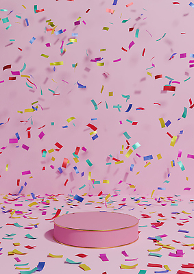 포토 JPG 해외이미지 분홍색 백그라운드 사람없음 파티 공간 축하 원형 꽃가루 포디움 해외202310 해외포토 도형 컬러 컨셉 이벤트 무대 가루 파일형식