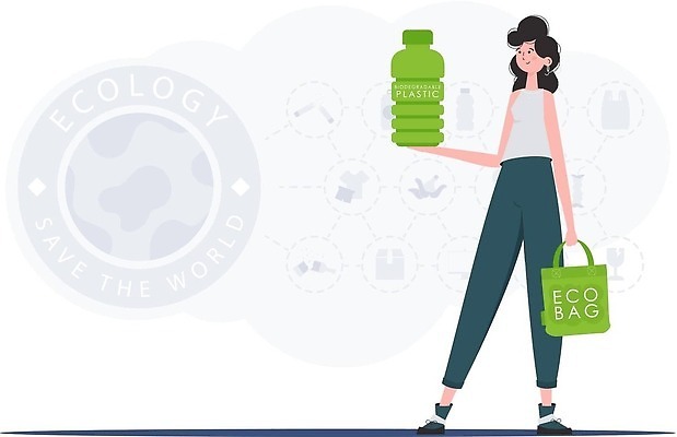 EPS 해외이미지 전신 여자 일러스트 한명 들기 성인 초록색 에코 분리수거 에코백 성인여자한명만 해외202310 해외일러스트 1 컬러 가방 모션 사람 환경 여자한명만 성인여자만 파일형식 벡터