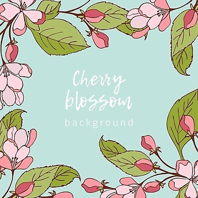 EPS 해외이미지 무료이미지 꽃잎 분홍색 하늘색 잎 일러스트 프레임 사람없음 봄 벚꽃 나뭇가지 해외202310 해외일러스트 나무 식물 계절 꽃 컬러 파란색 파일형식 벡터 무료콘텐츠