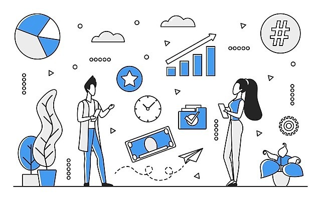 EPS 해외이미지 전신 식물 여자 남자 일러스트 비즈니스 그래프 성인 두명 파란색 디지털 정보 업무 스마트 분석 온라인 경영 데이터베이스 인터페이스 해외202310 해외일러스트 컬러 컨셉 사람 작업 파일형식 벡터