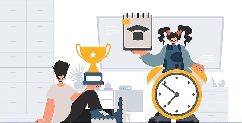 EPS 해외이미지 전신 무료이미지 학생 여자 남자 어린이 시계 일러스트 서기 들기 사람 앉기 소녀 소년 두명 학습 달력 우승 트로피 시상 어린이만 해외202310 해외일러스트 교육 모션 최고 상_우승 파일형식 벡터 무료콘텐츠