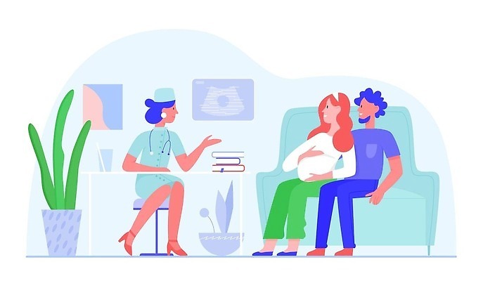 EPS 해외이미지 전신 식물 부부 여자 남자 화분 일러스트 의학 병원 앉기 성인 책 세명 소파 임산부 환자 의사 책상 성인만 해외202310 해외일러스트 커플 가구 의자 모션 사람 임신 의료진 파일형식 벡터