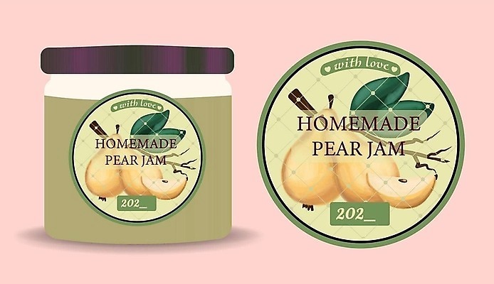 EPS 해외이미지 무료이미지 스티커 일러스트 사람없음 라벨 병 잼 심볼 서양배 해외202310 해외일러스트 식기 프레임 배_과일 소스_음식 파일형식 벡터