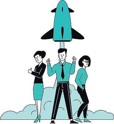 EPS 해외이미지 무료이미지 디자인 여자 남자 일러스트 회사 비즈니스 세명 초록색 파이팅 로켓 비즈니스맨 비즈니스우먼 경영자 혁명 성인만 해외202310 해외일러스트 컬러 컨셉 모션 사람 직장인 리더 파일형식 벡터