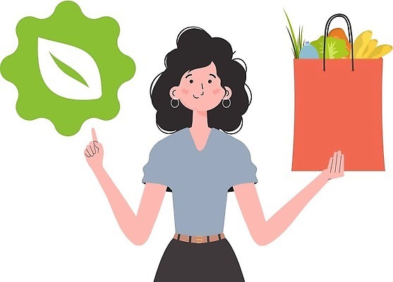 EPS 해외이미지 여자 일러스트 식재료 바나나 한명 들기 상반신 성인 초록색 쇼핑백 가리킴 양상추 에코 성인여자한명만 해외202310 해외일러스트 1 컬러 채소 가방 과일 모션 사람 손짓 환경 여자한명만 성인여자만 파일형식 벡터