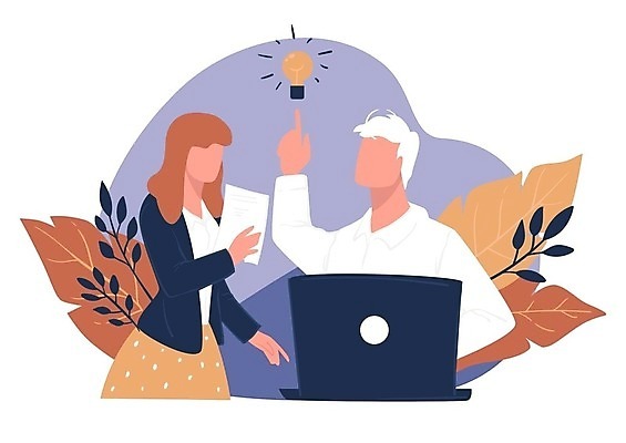 EPS 해외이미지 무료이미지 여자 남자 잎 일러스트 비즈니스 전구 아이디어 들기 상반신 성인 두명 노트북 가리킴 문서 성인만 브레인스토밍 해외202310 해외일러스트 식물 컨셉 모션 사람 손짓 전자제품 파일형식 벡터