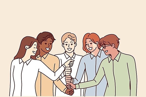 EPS 해외이미지 무료이미지 여자 남자 행복 일러스트 함께함 여러명 성인 긍정 다인종 손모으기 긍정적 성인만 해외202310 해외일러스트 감정 다수 컨셉 사람 인종 손짓 파일형식 벡터 무료콘텐츠