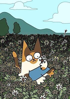 JPG 해외이미지 라이프스타일 꽃밭 일러스트 산 앉기 사람없음 귀여움 고양이 민들레 만화 흩날리기 해외202310 해외일러스트 꽃 컨셉 포유류 모션 생활 반려동물 파일형식