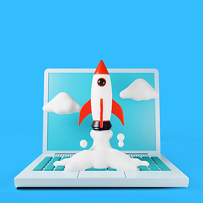 포토 JPG 해외이미지 사람없음 파란색 노트북 3D 로켓 연기 발사 마케팅 해외202310 해외포토 컬러 전자제품 디지털합성 파일형식
