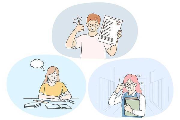 EPS 해외이미지 여자 교육 남자 교복 일러스트 청소년 들기 상반신 책 세명 학습 시험지 따봉 십대만 안경낌 해외202310 해외일러스트 옷 안경 모션 사람 최고 파일형식 벡터