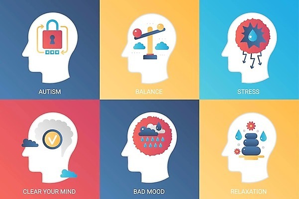 EPS 해외이미지 무료이미지 감정 일러스트 휴식 스트레스 사람없음 다양 균형 얼굴모양 뇌 우울감 해외202310 해외일러스트 모양 얼굴 다수 컨셉 파일형식 벡터 무료콘텐츠