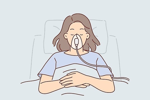 EPS 해외이미지 무료이미지 여자 일러스트 한명 성인 치료 환자 침대 잠 질병 병실 산소호흡기 성인여자한명만 해외202310 해외일러스트 1 가구 의학 병원 사람 여자한명만 성인여자만 파일형식 벡터