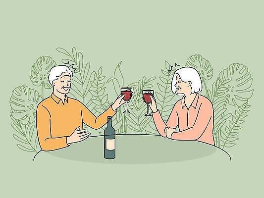 EPS 해외이미지 여자 할아버지 노년 남자 행복 할머니 잎 와인잔 일러스트 들기 앉기 상반신 두명 마주보기 와인 노인만 해외202310 해외일러스트 식물 감정 술잔 모션 주류 사람 성인 성인만 파일형식 벡터