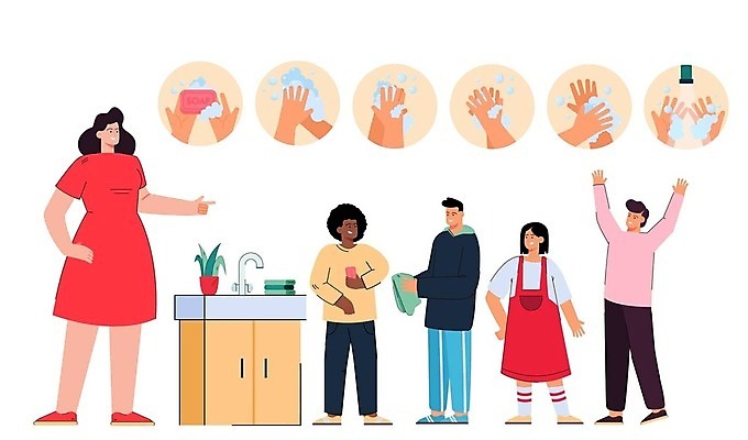 EPS 해외이미지 무료이미지 손 여자 교육 어린이 일러스트 학교 건강 소녀 소년 여러명 성인 신체부위 교사 가르침 예방 비누 손씻기 돌봄 위생관리 해외202310 해외일러스트 직업 남자 다수 모션 관리 사람 위생용품 씻기 파일형식 벡터 무료콘텐츠