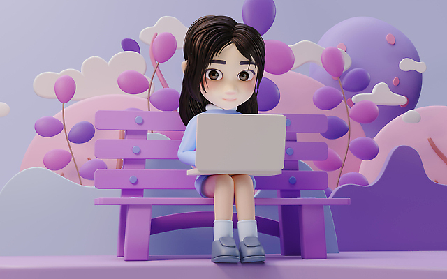 JPG 해외이미지 전신 식물 여자 벤치 한명 앉기 성인 노트북 3D 보라색 업무 구름모양 성인여자한명만 해외202310 해외일러스트 해외포토 포토 모양 1 컬러 의자 모션 사람 전자제품 작업 디지털합성 여자한명만 성인여자만 파일형식 구름_자연