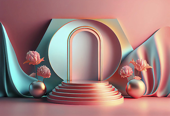 포토 JPG 해외이미지 무료이미지 꽃 분홍색 하늘색 사람없음 3D 단상 파스텔톤 포디움 해외202310 해외포토 식물 컬러 파란색 무대 디지털합성 파일형식