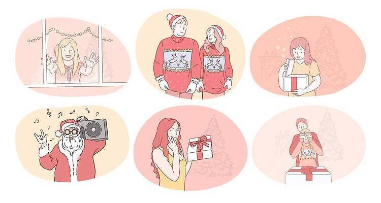 EPS 해외이미지 무료이미지 행복 크리스마스 겨울 일러스트 가족 휴가 선물 들기 사람 선물상자 산타클로스 스피커 기쁨 축하 눈가림 서프라이즈 해외202310 해외일러스트 계절 기념일 감정 음향기기 컨셉 관계 모션 상자 가림 파일형식 벡터 무료콘텐츠