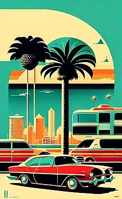 JPG 해외이미지 포스터 도로 여행 일러스트 자동차 사람없음 건물 야자수 태양 도시 빈티지 복고 마이애미 해외202310 해외일러스트 자연요소 나무 건축물 길 육상교통 컨셉 교통시설 파일형식