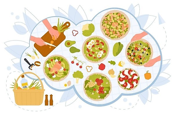 EPS 해외이미지 무료이미지 손 음식 채소 과일 일러스트 종류 신체부위 샐러드 다양 오일 칼질 감자칼 나무도마 소풍바구니 해외202310 해외일러스트 다수 모션 도마 사람 목재 바구니 화장품 칼 파일형식 벡터