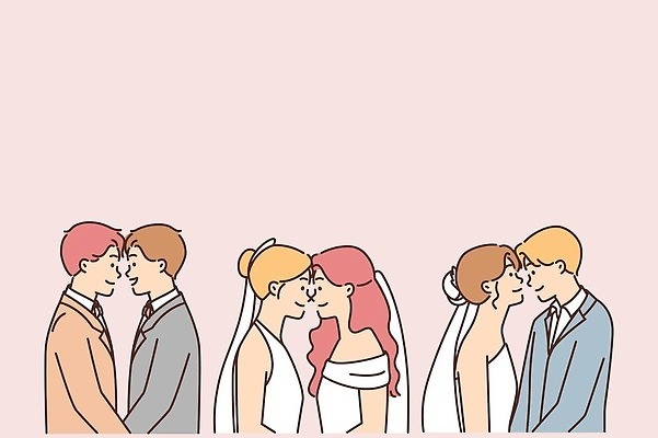 EPS 해외이미지 커플 여자 남자 신부 웨딩드레스 신랑 결혼 일러스트 사랑 정장 여러명 상반신 성인 마주보기 동성애자 성인만 해외일러스트 드레스 옷 감정 다수 관계 모션 사람 이벤트 파일형식 벡터 성소수자