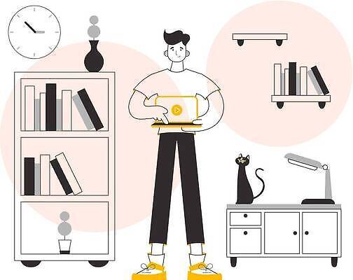 EPS 해외이미지 전신 식물 남자 화분 시계 일러스트 책장 선반 한명 서기 들기 성인 책 노트북 노란색 검은색 스탠드 원형 작업실 누름 라인아트 서랍장 재생 플레이 성인남자한명만 반려묘 해외202310 해외일러스트 도형 1 선 컬러 가구 모션 조명 사람 전자제품 반려동물 고양이 남자한명만 성인남자만 파일형식 벡터