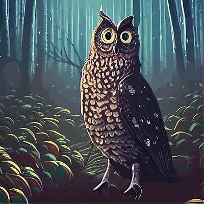 EPS 해외이미지 나무 야생동물 일러스트 사람없음 야간 숲 부엉이 해외202310 해외일러스트 자연요소 식물 동물 조류 파일형식 벡터