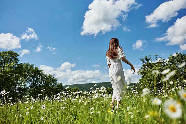 포토 JPG 해외이미지 전신 원피스 여자 꽃밭 하늘 휴식 한명 성인 뒷모습 파란색 평화 성인여자한명만 해외202310 해외포토 1 옷 꽃 뷰포인트 컬러 컨셉 사람 여자한명만 성인여자만 파일형식