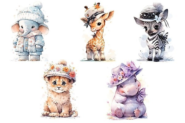 EPS 해외이미지 무료이미지 꽃 리본 새끼 동물캐릭터 일러스트 코끼리 사람없음 세트 귀여움 목도리 사자 기린 그림 얼룩말 하마 해외202310 해외일러스트 일러캐릭터 식물 동물 캐릭터 잡화 컨셉 포유류 말_동물 파일형식 벡터