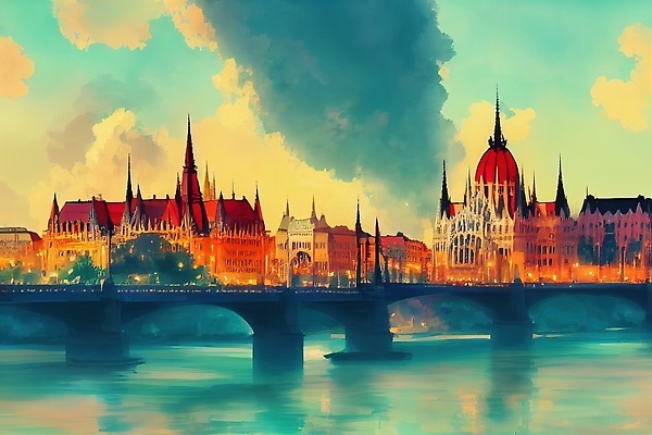 JPG 해외이미지 일러스트 하늘 빌딩 사람없음 물 강 컬러풀 도시 분위기 해외202310 해외일러스트 자연요소 컬러 컨셉 건물 파일형식