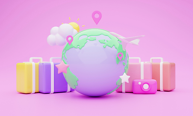 JPG 해외이미지 지구 분홍색 일러스트 휴가 비행기 사람없음 태양 3D 카메라 여행가방 오브젝트 위치 해외202310 해외일러스트 자연요소 컬러 가방 항공교통 대중교통 전자제품 디지털합성 파일형식