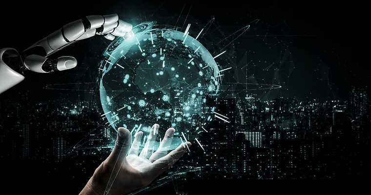 JPG 해외이미지 손 일러스트 미래 기술 들기 신체부위 파란색 지구본 3D 디지털 도시 네트워크 로봇 보케 해외202310 해외일러스트 컬러 컨셉 모션 사람 디지털합성 파일형식