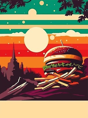 EPS 해외이미지 포스터 일러스트 나뭇잎 패스트푸드 사람없음 절벽 감자튀김 햄버거 빈티지 성 복고 해외202310 해외일러스트 건축물 컨셉 잎 감자 튀김 인스턴트 파일형식 벡터